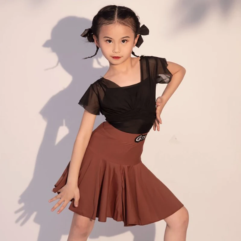 

Children Ruffles Sleeveless Mesh Bodysuit and Pleated Skirts Latin Dance Clothes Kids Girls Stage Performance Dancing Costumes