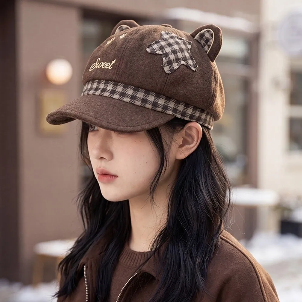 Cat Paw Pattern Cat Ears Beret Cap Japanese Style Autumn and Winter Women Octagonal Hat Peaked Y2k Streetwear Newsboy Hat
