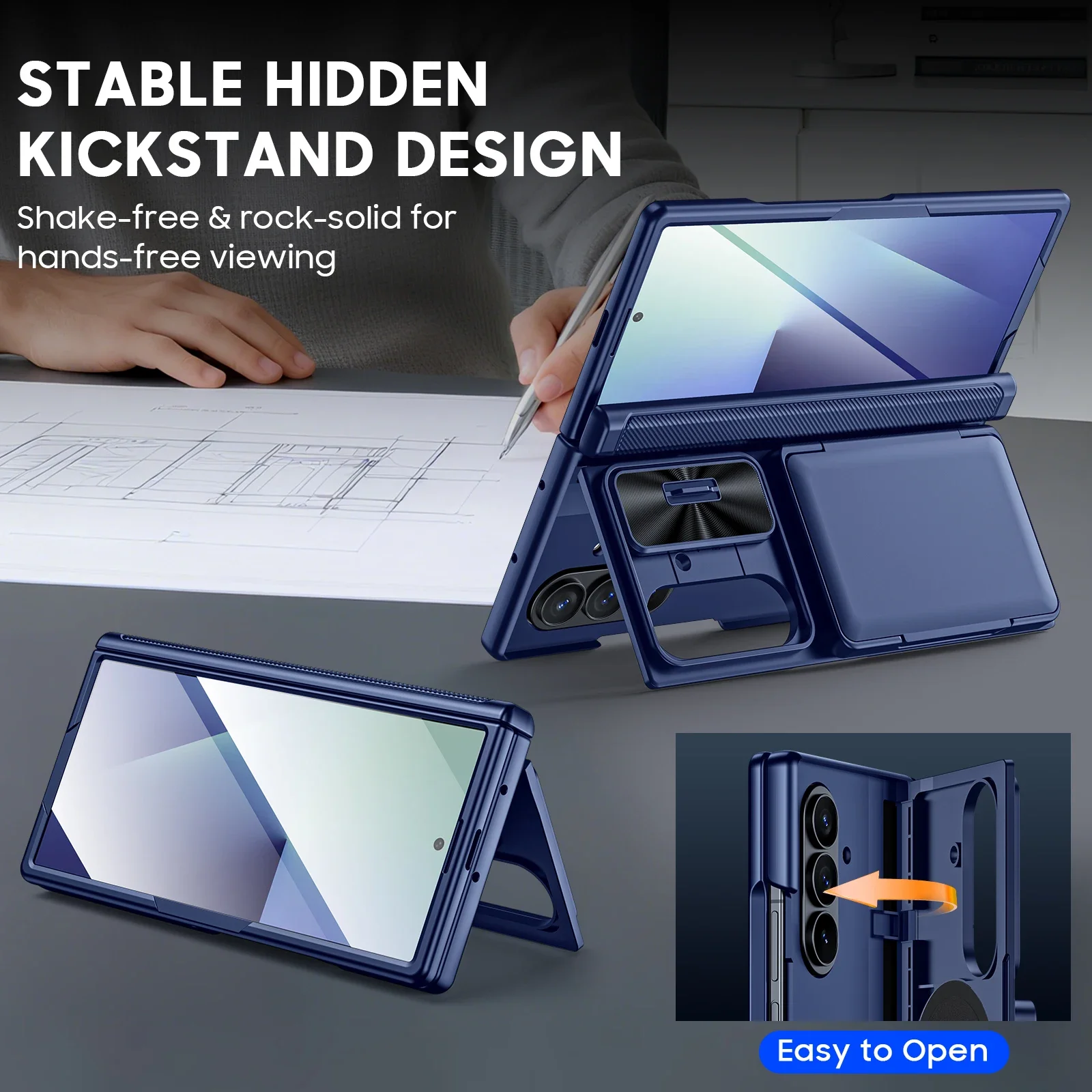 هدايا الهالوين، حامل بطاقات RFID، مع حامل، حماية مفصلية، غطاء كاميرا، جراب مقاوم للصدمات لهاتف Samsung Z Fold 7-Blue