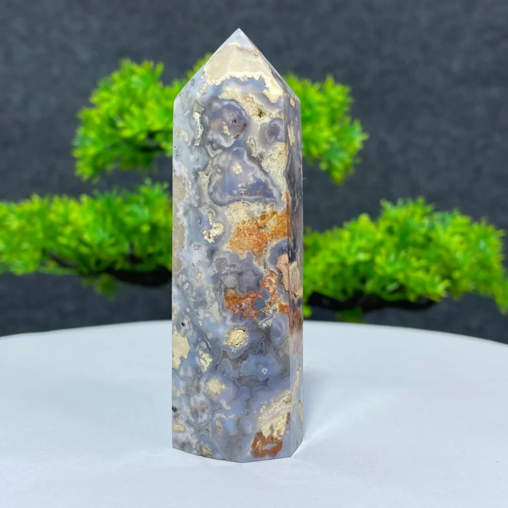 Blue Cherry Blossom Agate Tower Wand Natural Crystal Geode Healing Gemstone Hexagonal Point for Home Decor And Energy Healing