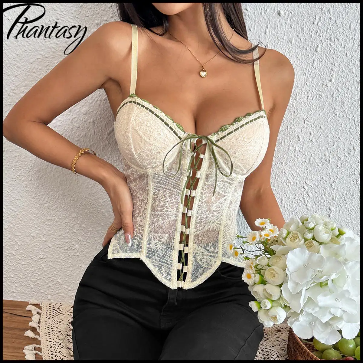 

Summer New Arrival Sweet-Style Solid Women's Spaghetti-Strap Embroidered Tie-Front Zipper Asymmetric Fitted Sheer Tank Top