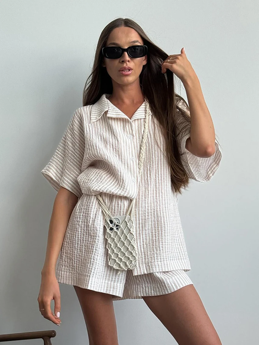 Marthaqiqi Cotton Ladies Pajama Set Half Sleeve Sleepwear Turn-Down Collar Nightgown Shorts Striped Casual Female Nightwear Suit