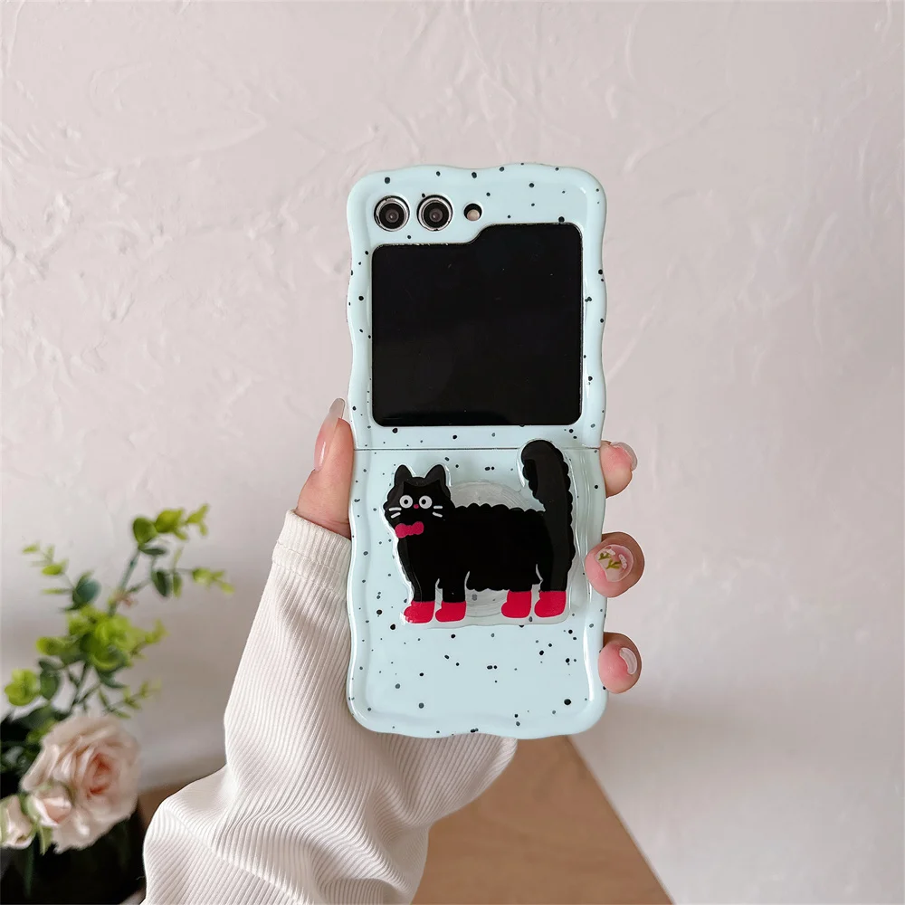 Cute Cartoon Cat Dog Bracket Case For Samsung Galaxy Z Flip 5 Flip 4 flip 3 Speckle Ink Wave Korea Shockproof Ultra Thin Cover