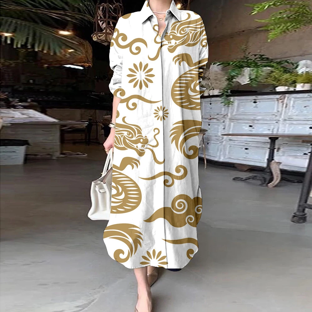 2024 Luxury Design Evening Party Dress Women Chinese Style Elegant Hand-Painted Printed Shirt Dresses Office Lady Commuter Dress