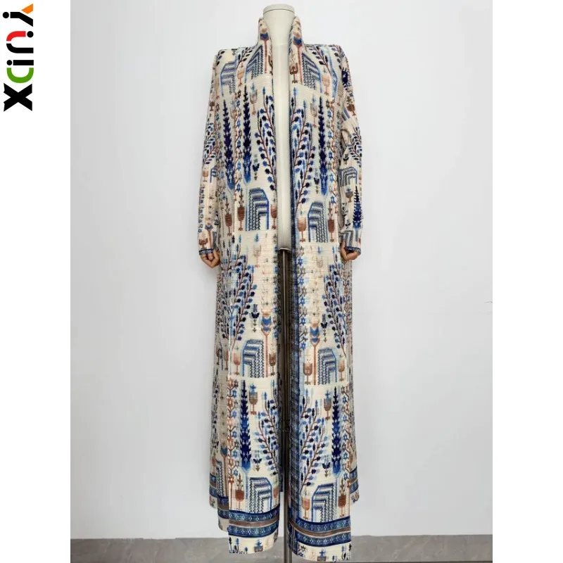 

YUDX Miyake Pleated Long Sleeved Lapel Coat for Women's Fashion Senior Designer Printed Belt Dress Robe 2024 Summer New