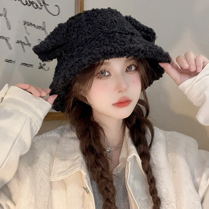 Ears Autumn Winter Female Cute Wild Warm Lamb Hair Bucket Hat