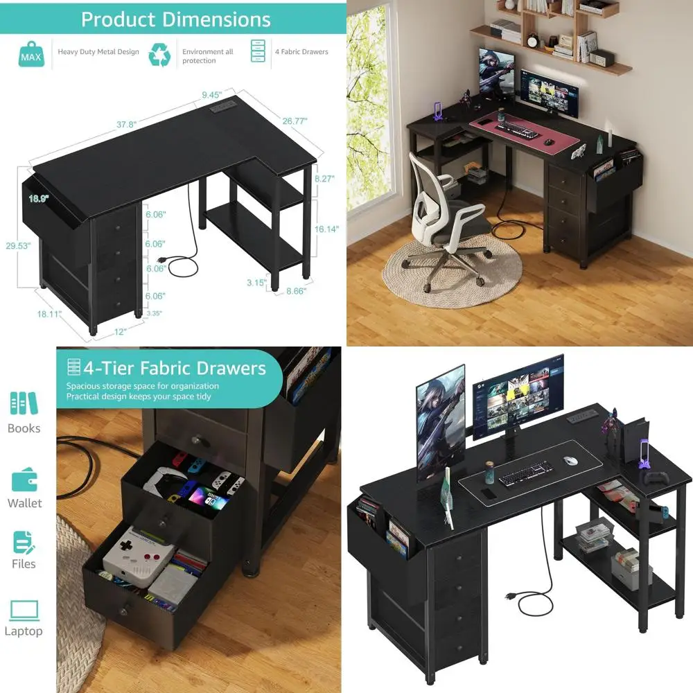 47 L-Shaped Computer Desk with Drawers and Storage, Power Outlet, Black for Home Office and Gaming