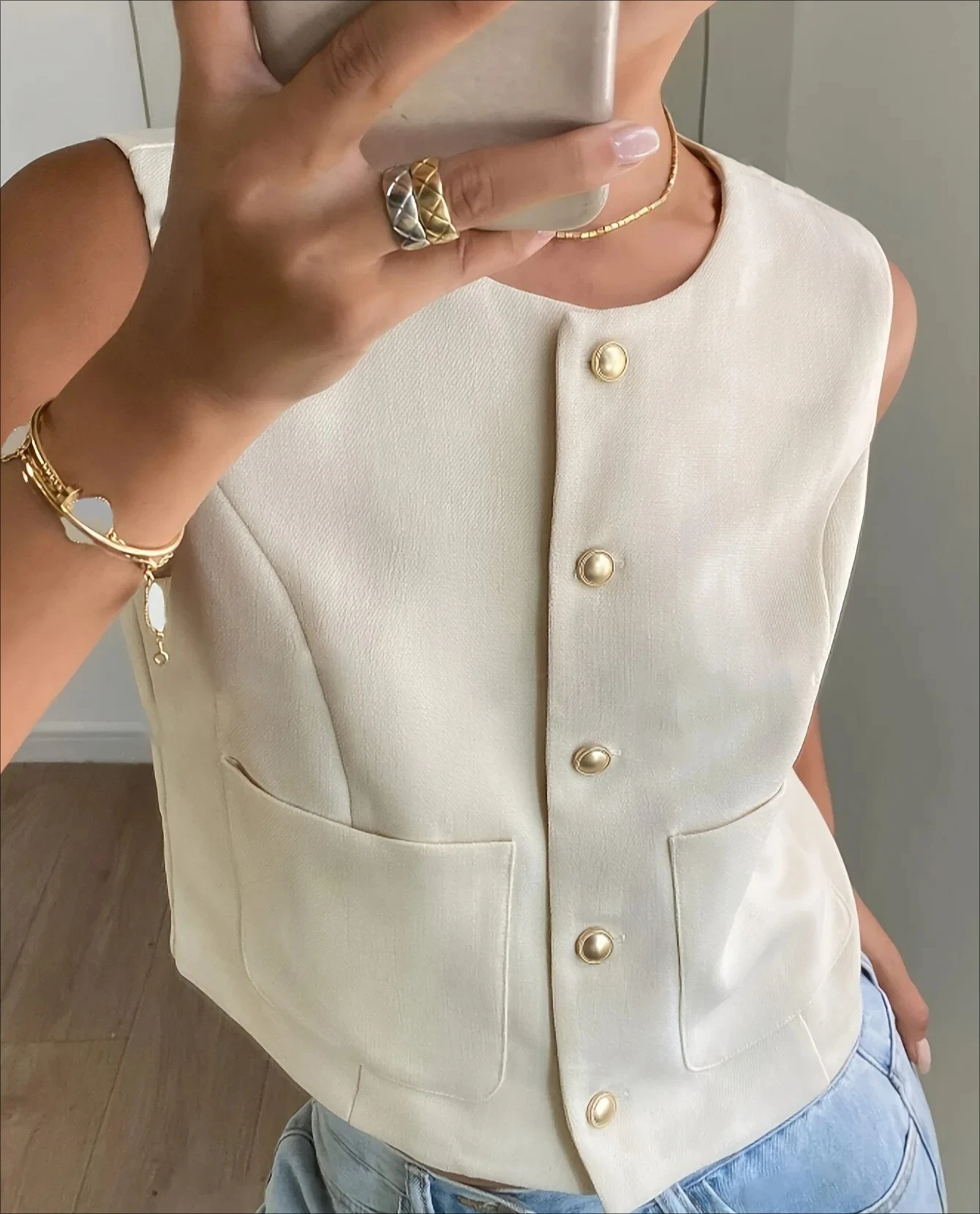 

Fashion Commuter Women's Vest Casual Solid Color Sleeveless Vest Round Neck Single-breasted Vest Top With Pocket