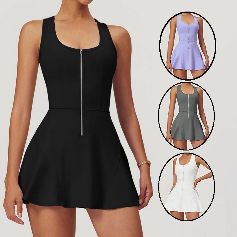 Women Tennis Pickleball Dress Sleeveless Slim with Chest Pad Fitness Dress Half Zipper A-lined Athletic Skirts with Inner Short