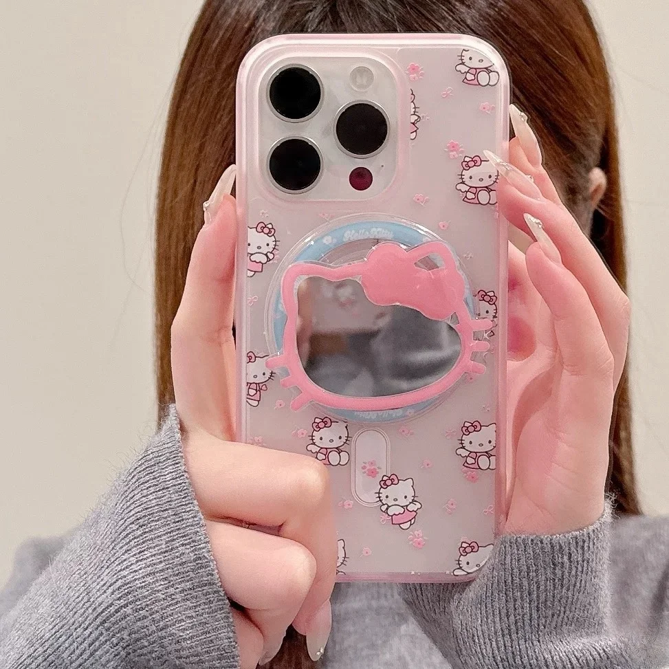 

Luxury Cute Pink Hello Kitty Cat Magsafe Wireless Charge Case For iPhone 16 15 14 13Pro Max Cartoon Kitty Mirror Magnetic Holder