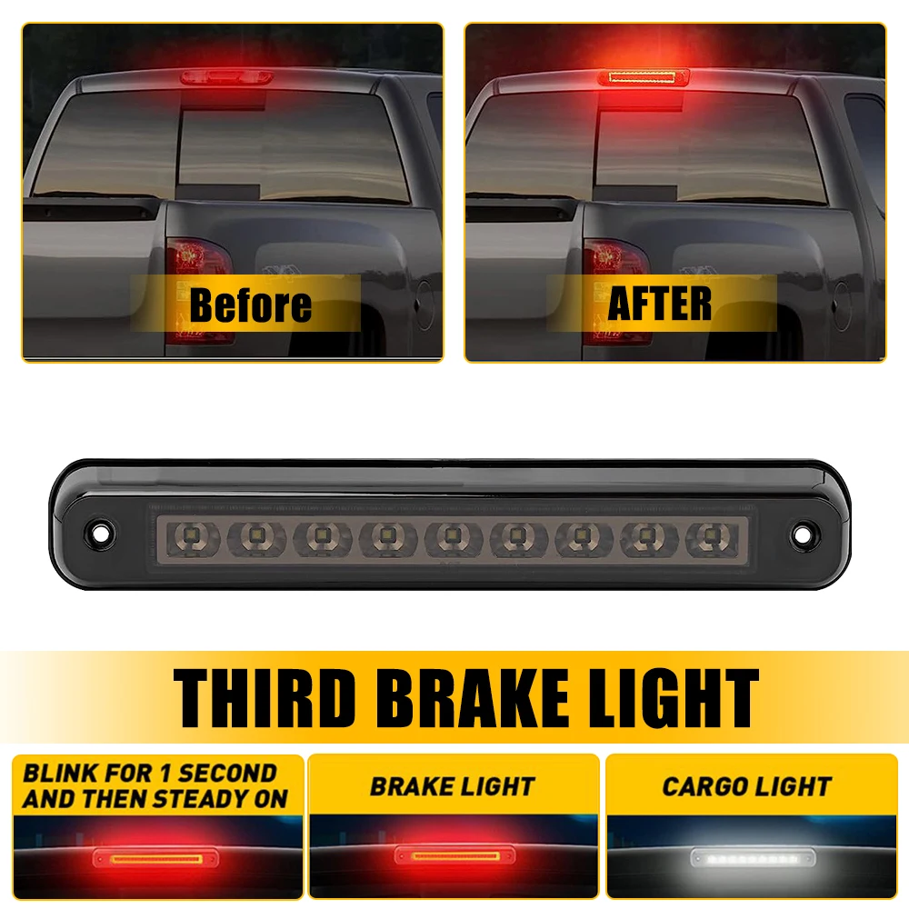 1Pc LED Smoke 3rd Third Brake Light Fit For Chevy C1500/K1500/Silverado GMC C1500/K1500 1988-1998 F1 Style Hyper Flash Red Brake Light White Cargo Lamp