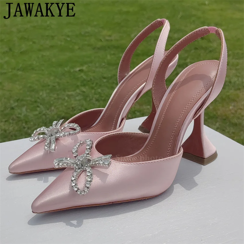 

Classic Hot Sale Satin Pointy Strange Cup Heels Sandals Bowties Crystal Pumps Sexy Runway Bride Wedding Party Slingback Women