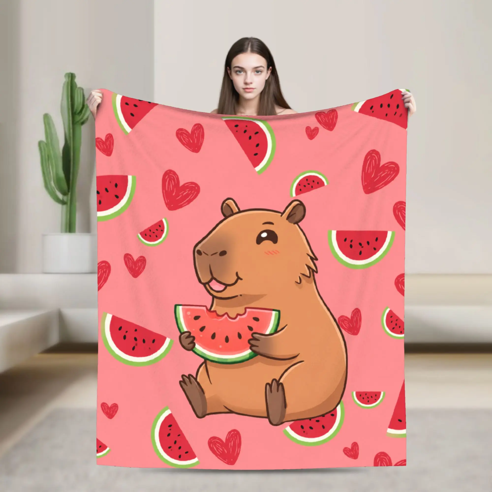 Capybara Watermelon Slice Anime Blanket  Picnic Flannel Throw Blanket For Bedroom Soft Warm Customized Quality Bedspread Gift