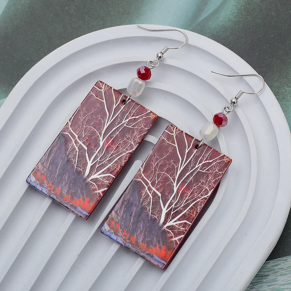 New In Fashion Acrylic Vintage Earrings For Women Elegant Hot Selling Jewelry Red Brown Print Forest Tree Pattern Trend 2024