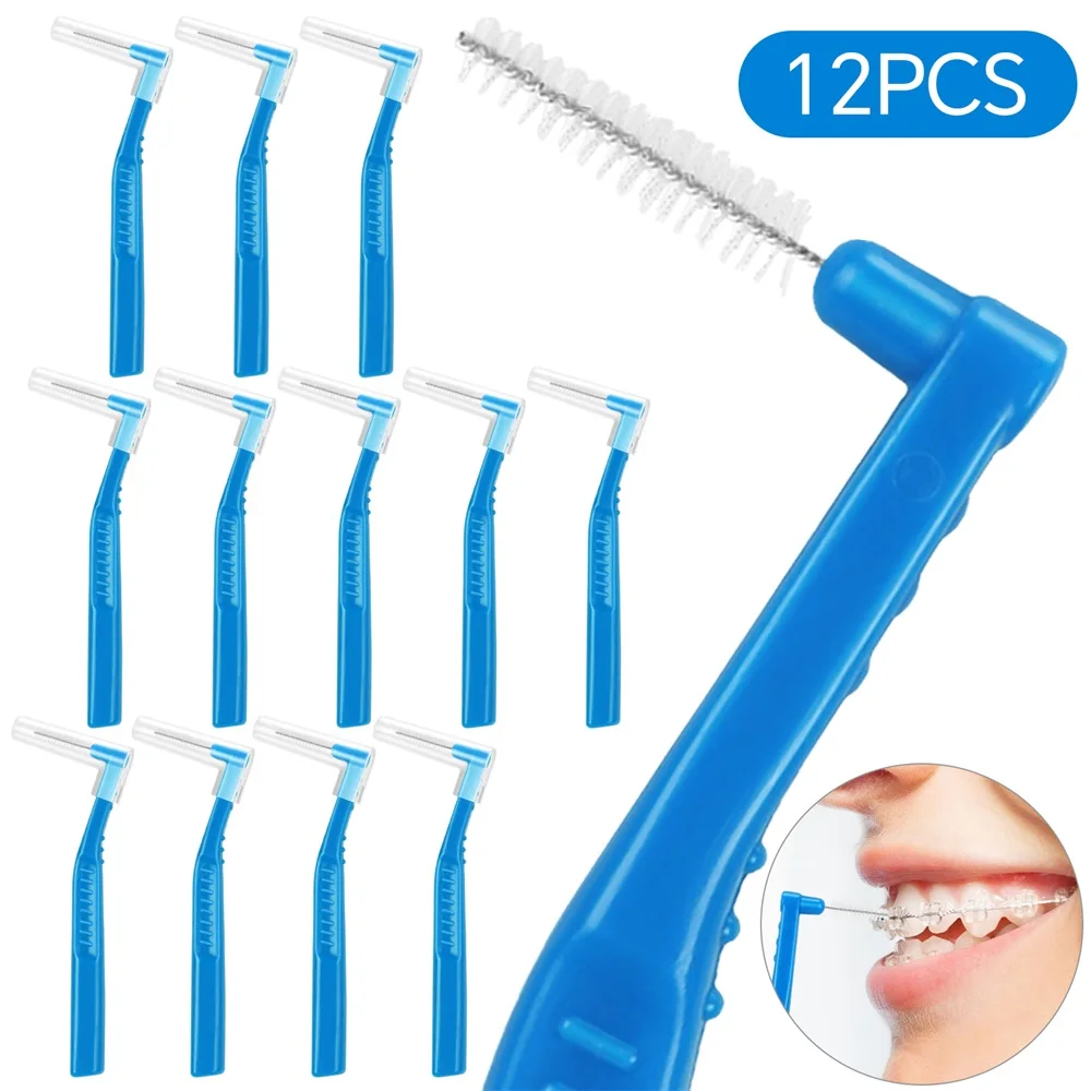 12 Interdental Brush, Angled Dental Brush for Teeth Cleaning, Orthodontics Flossers for Clean Between Teeth & Braces, Multi Size