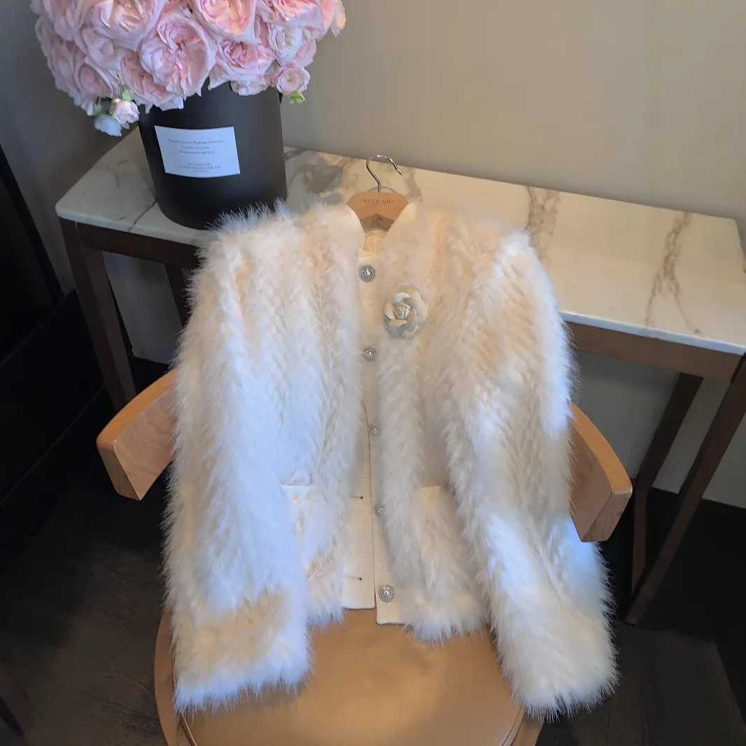 Francuski elegancki okrągły kołnierzyk z długim rękawem jednorzędowe luźne na co dzień dopasowane płaszcze ze sztucznego futra damskie kurtki zimowe