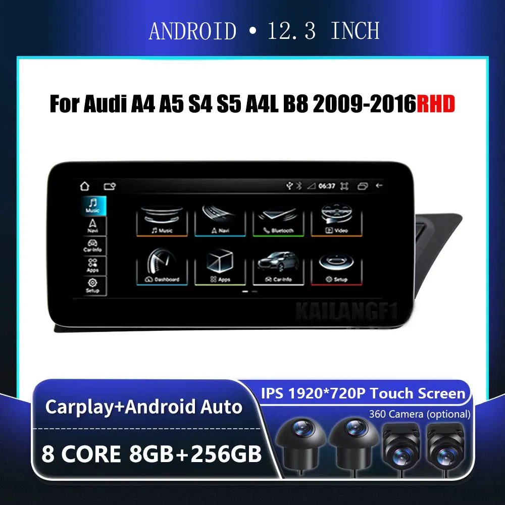 RHD 12.3 Inch Android Touch Screen For Audi A4 A5 S4 S5 A4L B8 2009-2016 Car Accessories Auto Carplay Monitor Multimedia Player