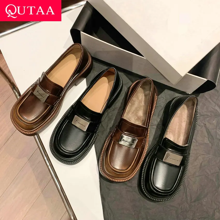 

QUTAA 2024 Genuine Leather Women Pumps Spring Summer Thick Med Heels Office Ladies Working Shoes Woman Pumps Size 34-40