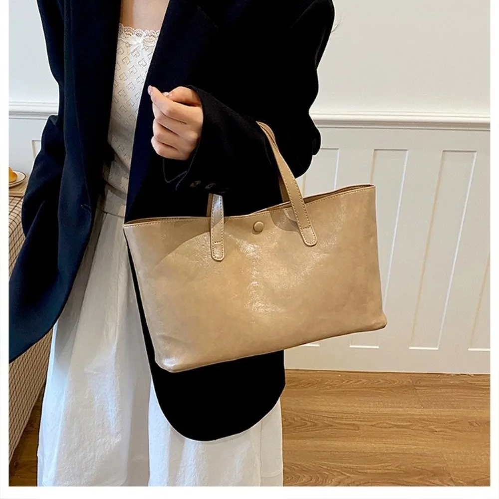 Casual Large Capacity Tote Bag Soft PU Leather Solid Color Shoulder Bag Underarm Handbag Women