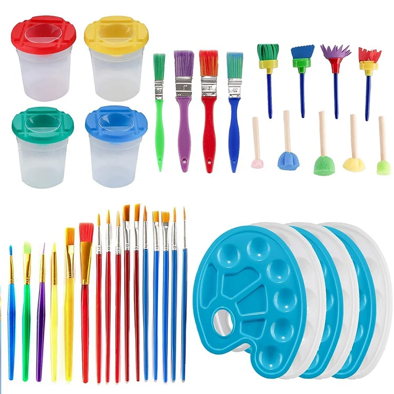 

39 Pcs Paint Brushes Sets For Kids Drawing Supplies With Cups,Palette Tray, Multi Sizes Kid's Painting Pens Brush