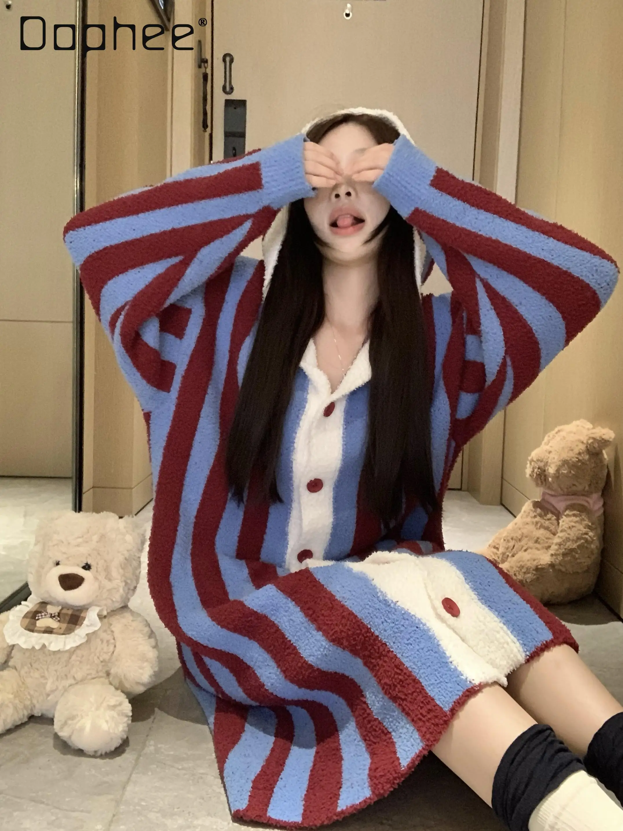 

Large Size Striped Hooded Nightgown Women Thick Warm Single-breasted Long Sleeve Sleepshirts Winter 2024 New Korean Fashion