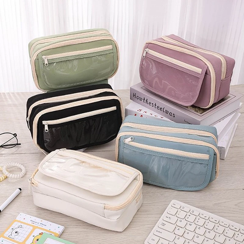 Kawaii Large-capacity Pencil Bag Flip-top Translucent Student Stationery Storage Bag Boys And Girls Simple Stationery Pen Box