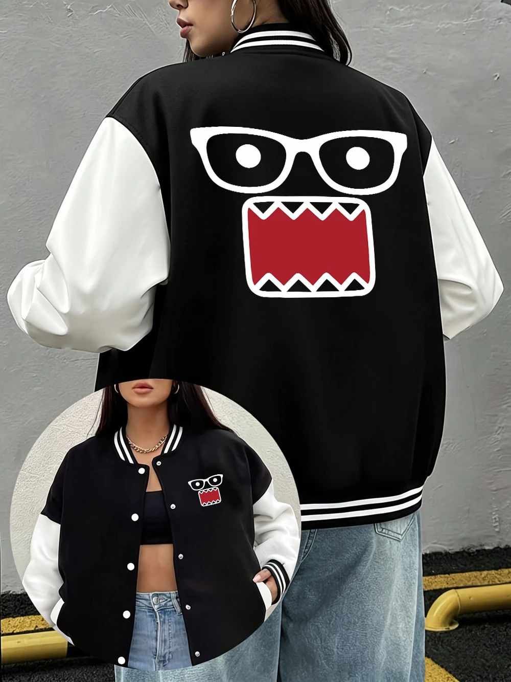 Domo‑Kun With Glasses Prints Baseball Coat Womens Casual Pocket Jackets Street Loose Comfortable Tops Winter Fleece Warm Clothes