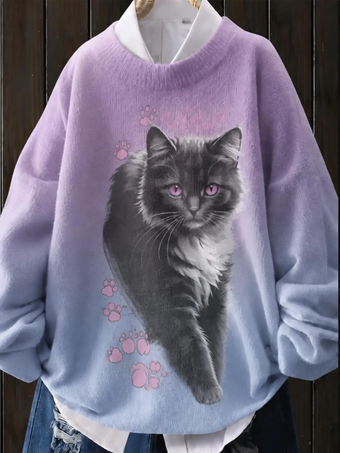 Plus Size Women Purple Gradient Cat All‑Over Print Sweater, Retro Elegant Cozy Long‑Sleeve Casual Pullover for Fall&Winter
