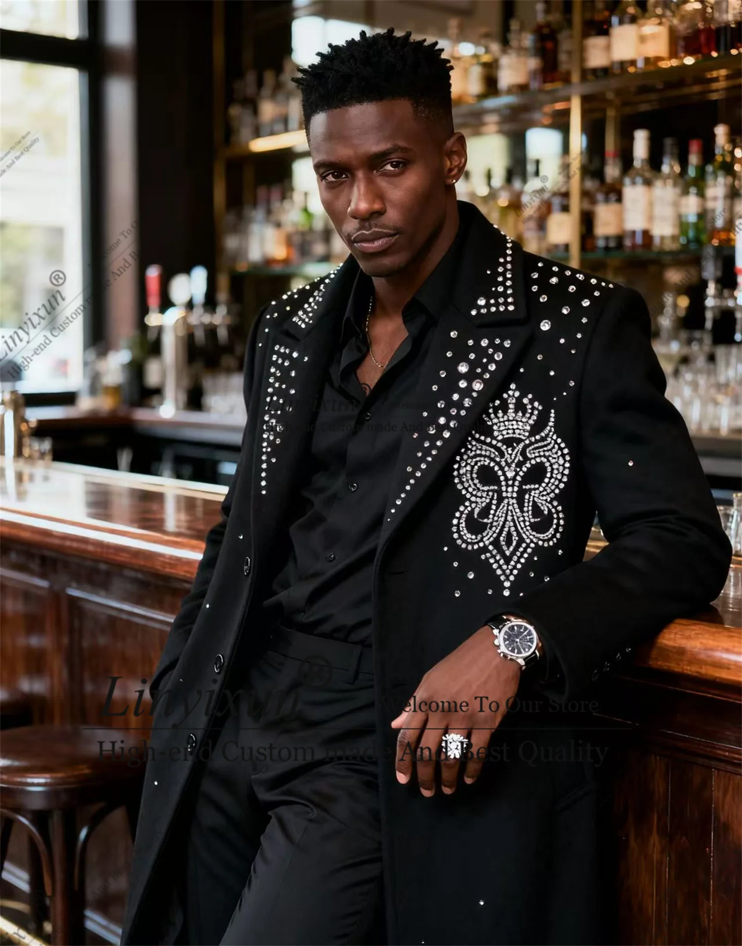 

Autumn winter styles Long Coat Customized Rhinestones Beaded Wedding Tuxedos Men Suits Ropa hombre 2 Pieces Groom Male Blazers