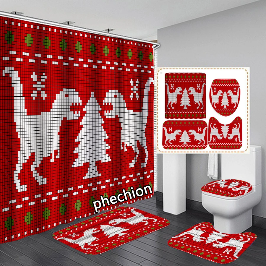 phechion New 3D Print Christmas Pattern Shower Curtain Waterproof Bathroom Curtain Anti-slip Bath Mat Set Toilet Rugs VR237