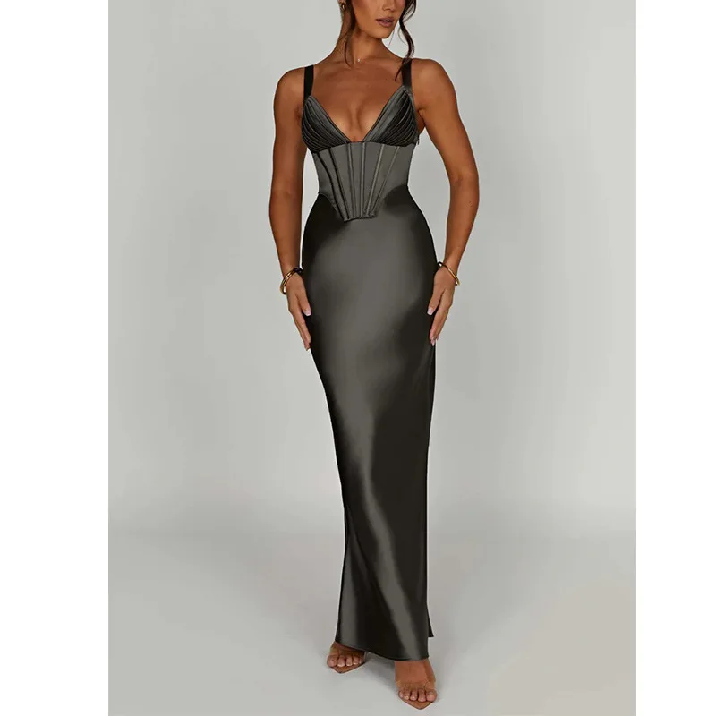 Vestido longo de cetim espinha de peixe feminino alça espaguete elegante estilo europeu e americano