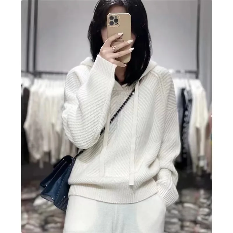 

knit Heavy hooded cashmere sweater for women's fashionable fall/winter pullover bottom with thick loose wool hoodie