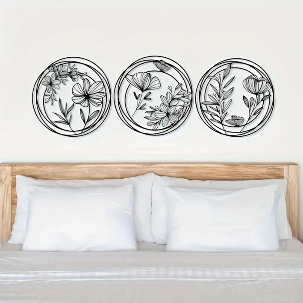 CIFBUY Metal Flower Wall Art 3pcs Set Unique Home Decor Modern Design Wall Hanging Bedroom Decor Spring Floral Wall Sculpture