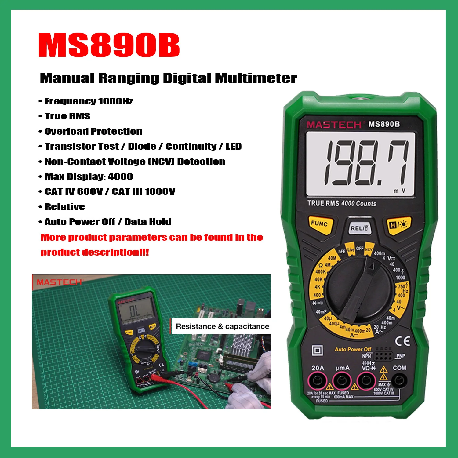 MASTECH MS890A MS890B MS890C + MS890D + multímetro Digital de rango Manual, detección de voltaje sin contacto de frecuencia de valores eficaces verdaderos (NCV).