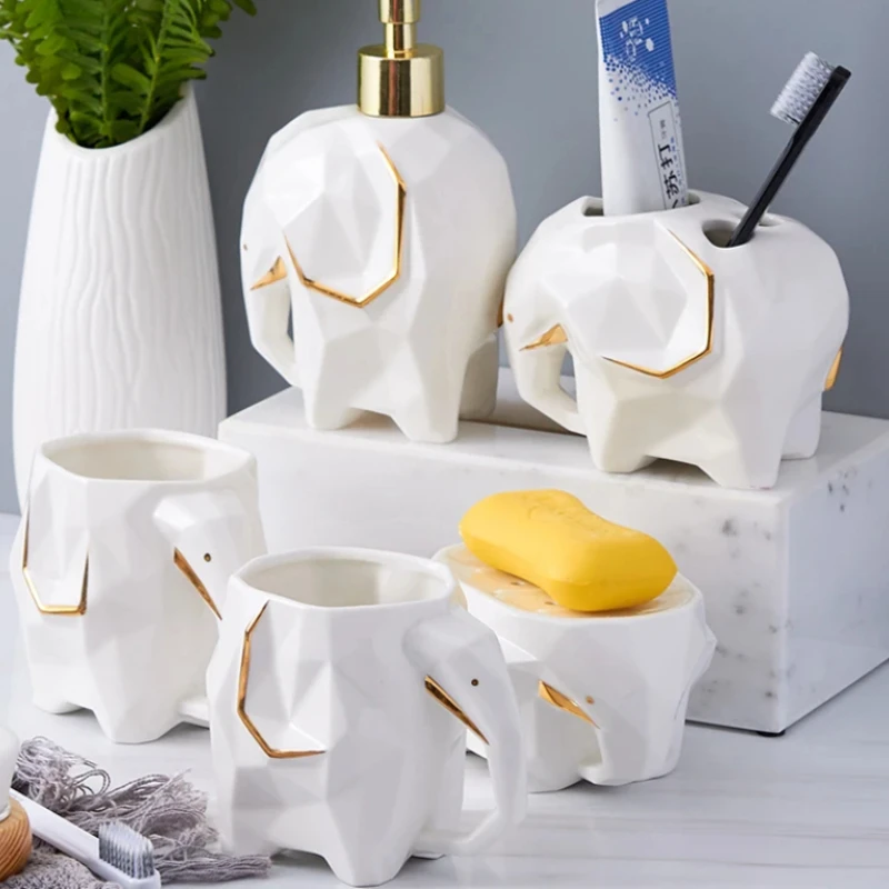 

Elephant Bathroom Wash Set - 5-Piece Mouth Cup, Toothbrush Holder, Lotion Bottle & Soap Dish for Stylish Organization and Use