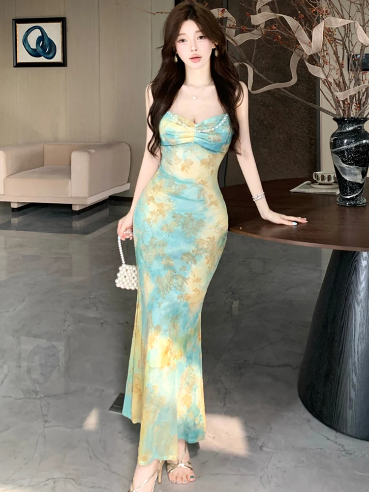 2025 Nuova maglia stampa chic perline fionda vestito sexy estate Boho eleganti abiti casual donna moda coreana aderente vestito da festa