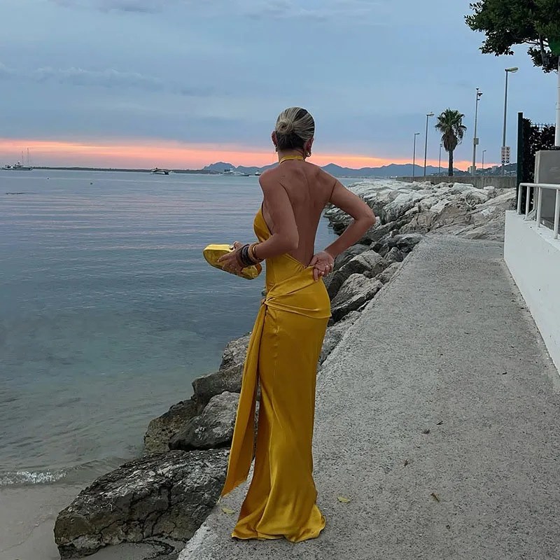 Elegant Round Neck Sleeveless Party Dress 2025 Women Sexy Backless Solid Beach Dress Fashion Lace-Up Waist Slim Satin Long Dress