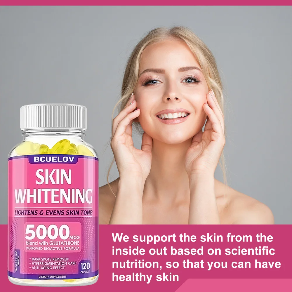 كبسولات تبييض الجلوتاثيون - 5000 ميكسل، مكمل L-الجلوتاثيون مع القرفة، مضاد للأكسدة، معزز لون البشرة، صحة البشرة