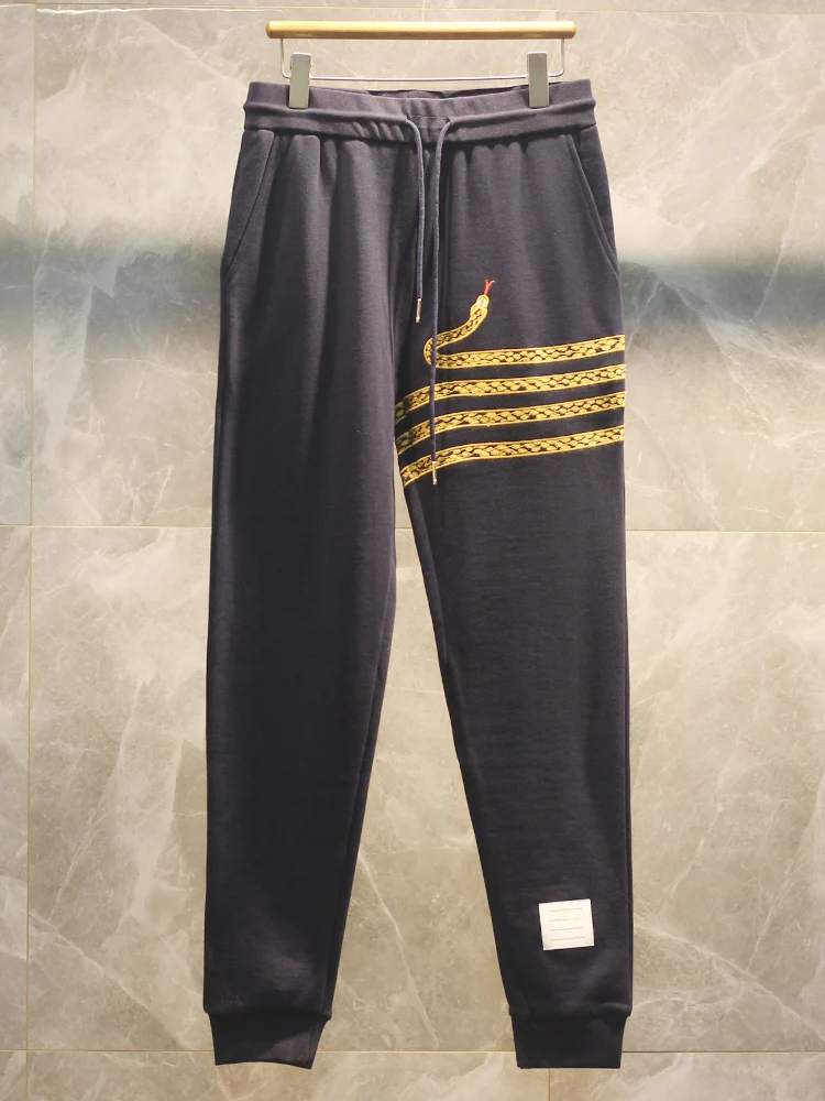 

Спортивные брюки из премиального хлопка с вышивкой в виде змеи, удлиненные, для весны и осени, модные, городские, прямого кроя