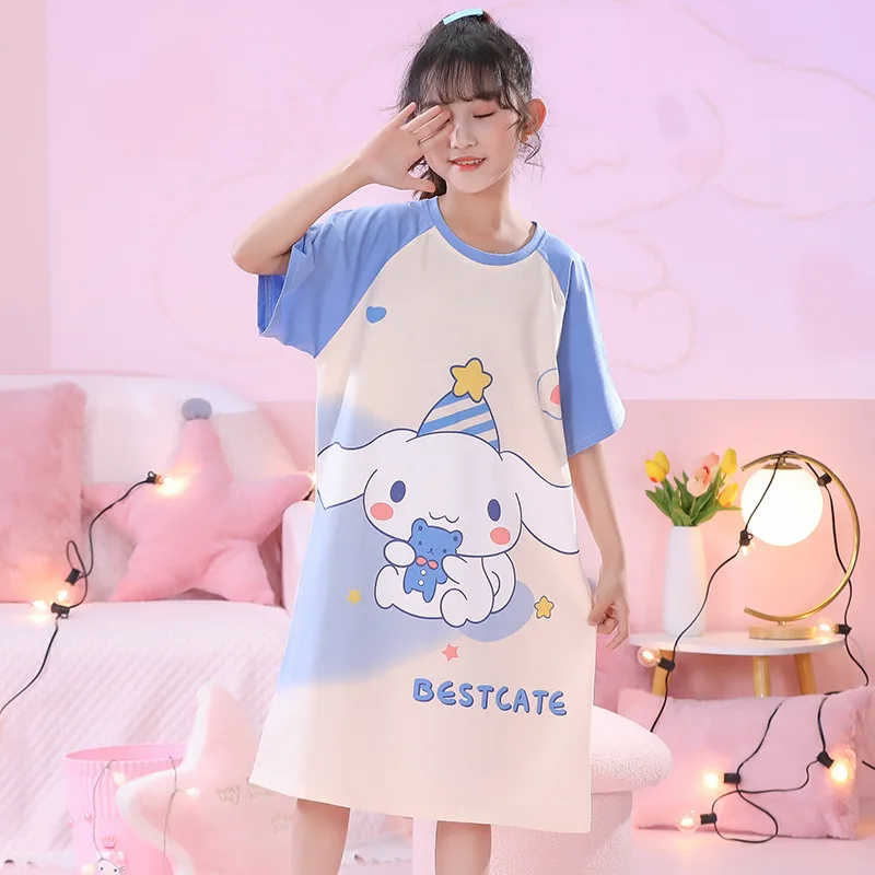 Sanrios Anime Cinna moroll Kuromi Cartoon süße Kinder Sommer Kurzarm Pyjama Rock Mädchen Baumwolle Home Kleidung Kleid Nachthemd