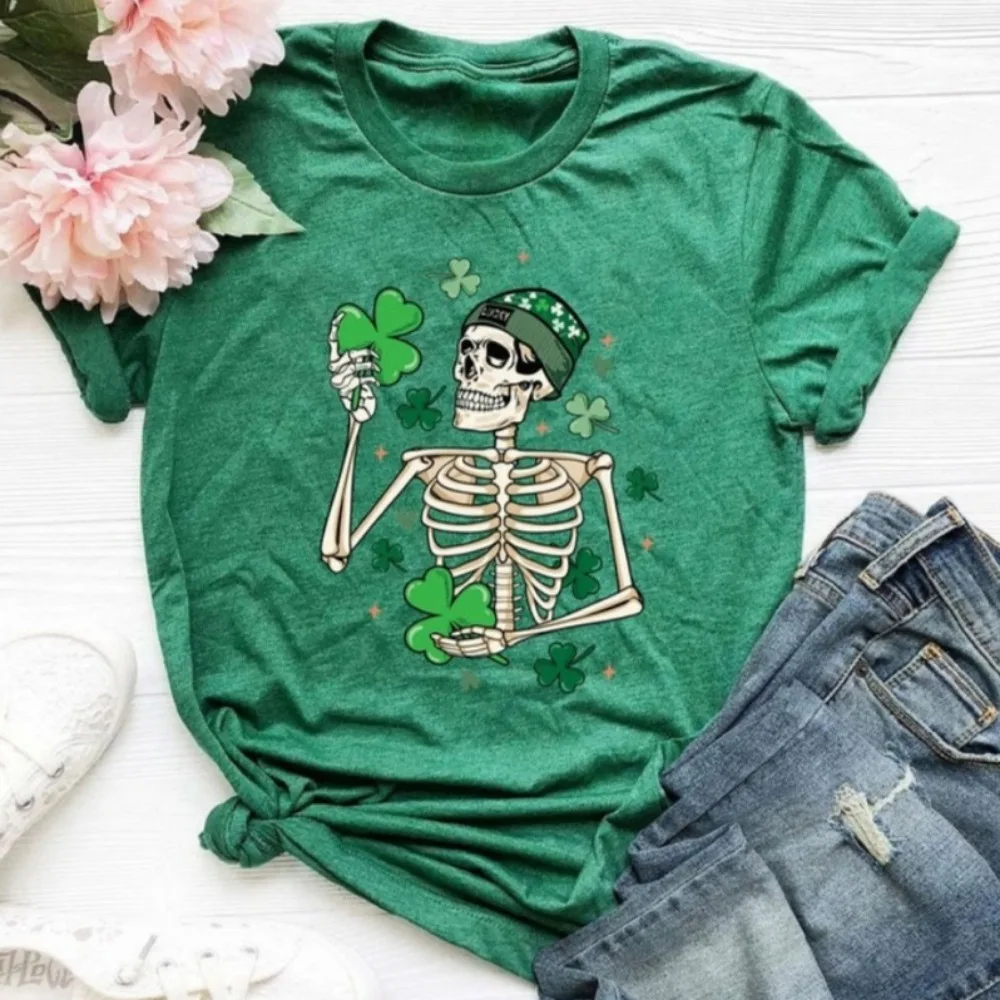 St. Patrick's Skeleton Shirt St Patty's Skeleton Dancing Skeleton Funny St Patrick's Irish Shirt Graphic T Shirts Ropa De Mujer view 3