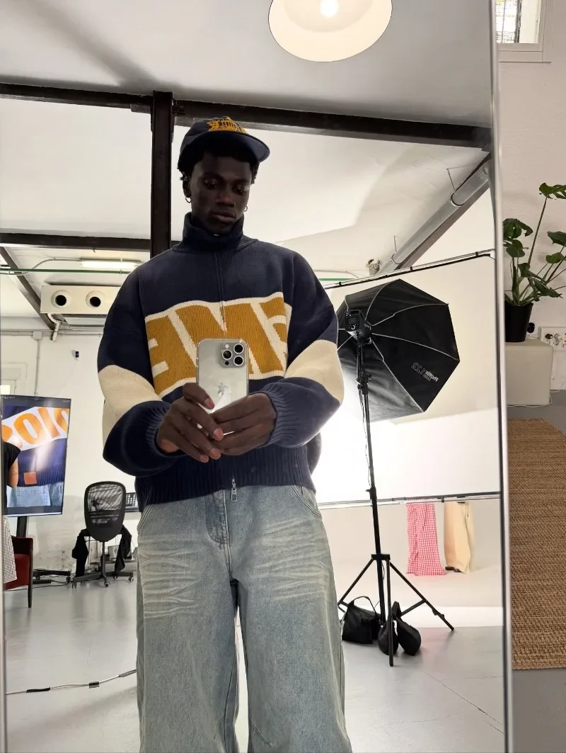 EMESTUDIOS Harajuku épissé ​ ​ Pull en tricot à fermeture éclair pour femmes, pull décontracté à la mode, American Street Y2K, manteau brodé de lettres