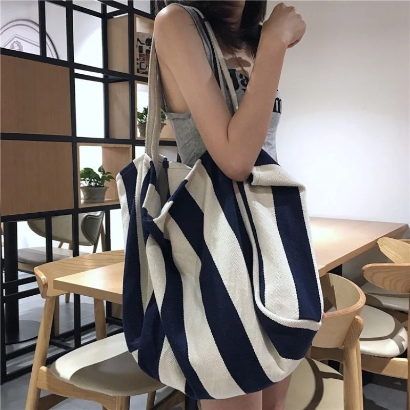 High-quality Striped Canvas Tote Bag Women Casual Shoulder Bags Lady Large Shopping Bag Travel Beach Handbag