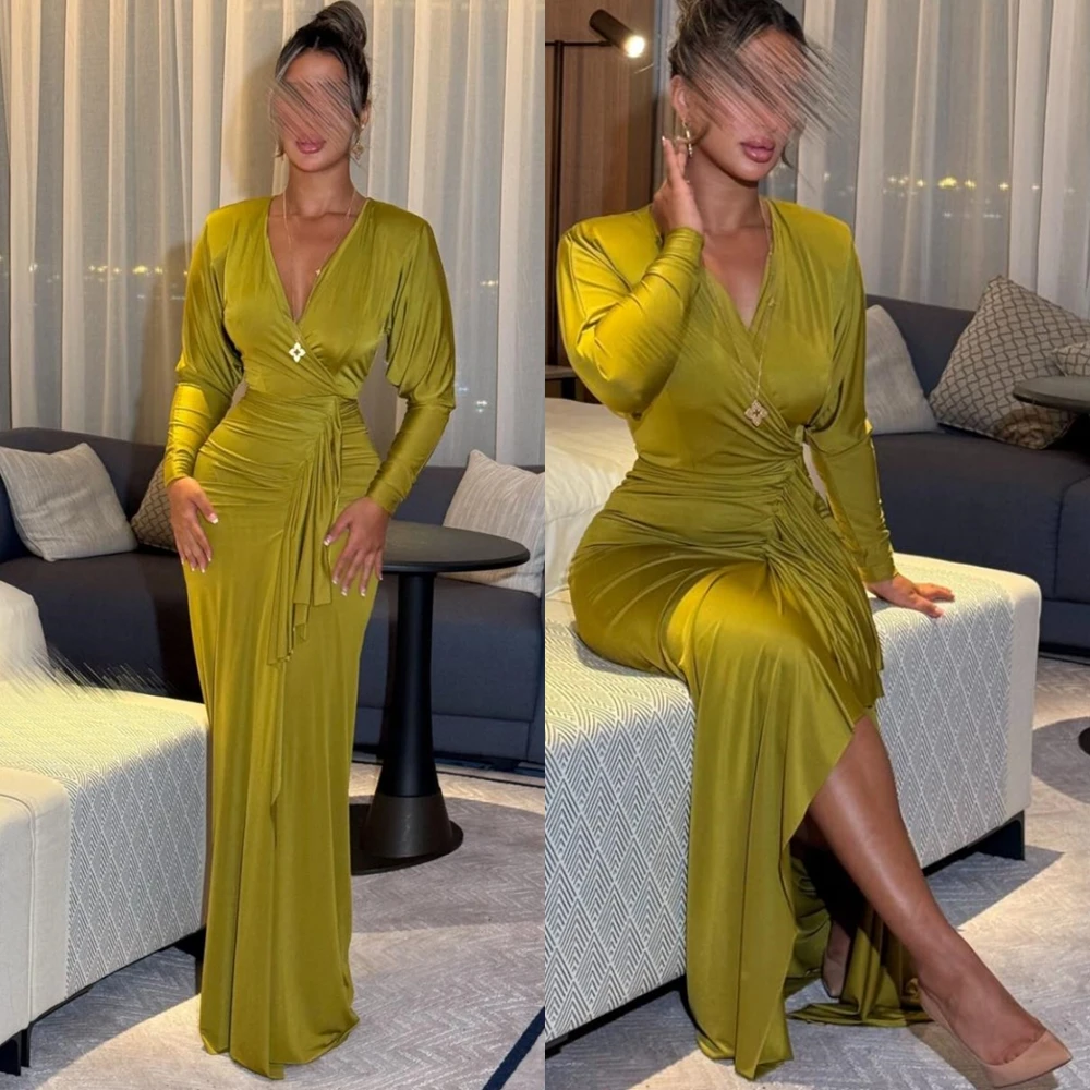 

Элегантное атласное вечернее платье по индивидуальному заказу, простые платья для выпускного вечера с v-образным вырезом, высокое качество, платья русалки с длинными рукавами для особых случаев