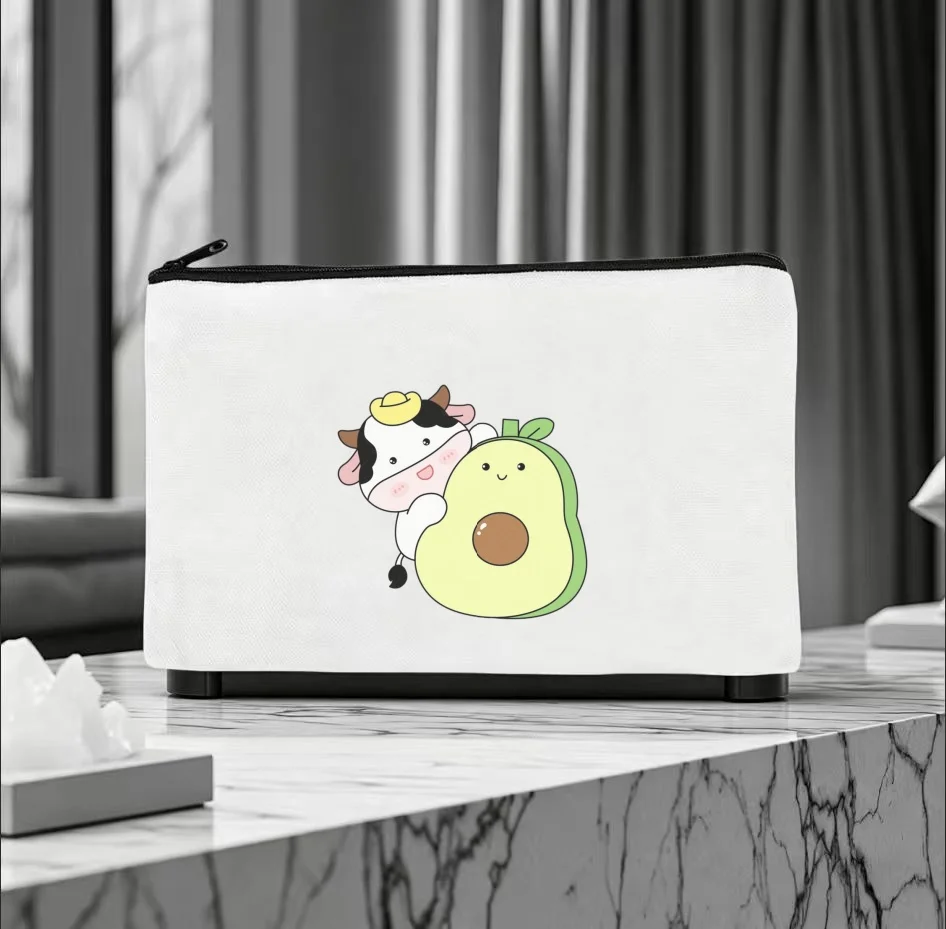 1PC Cute Cow Hug Avocado Cartoon Print Canvas Cosmetic Bag Double Sided Portable Travel Zipper Pouch