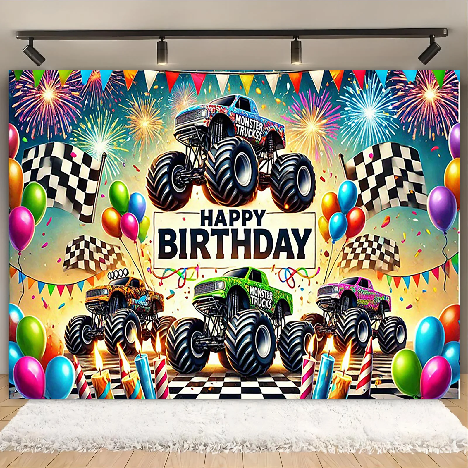 Monster Truck Party Banner – 1-teiliger Polyester-Urlaubshintergrund für Geburtstage, Jubiläen, Hochzeiten und alle Festivals