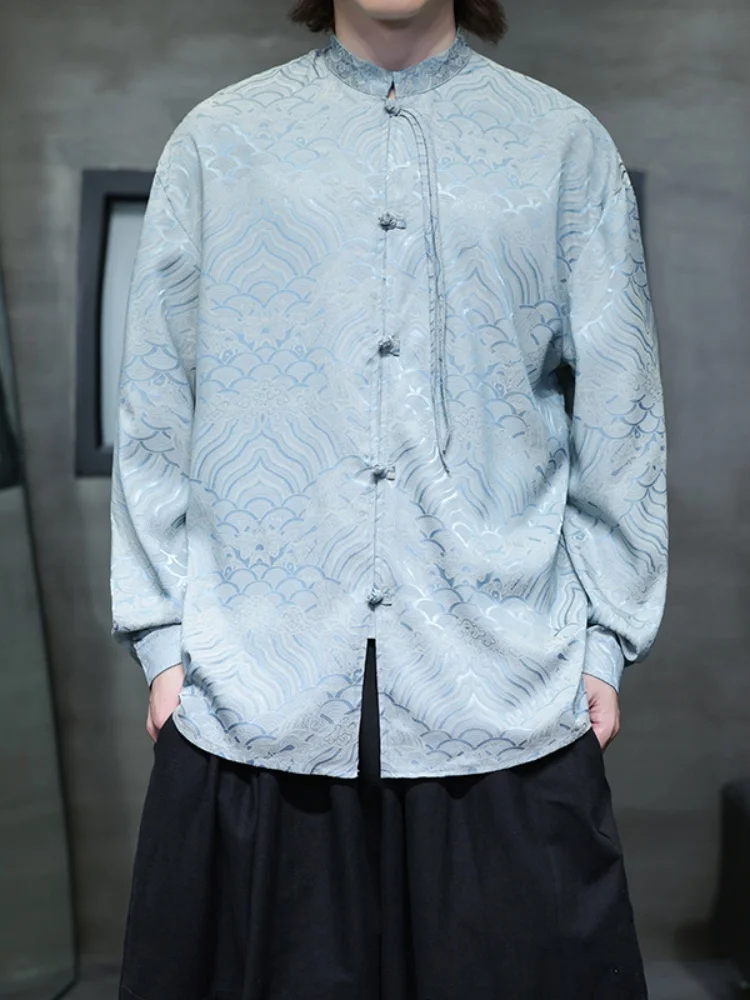 

New Chinese Sle Long Sve irt Men's Spring New Sle Retro Embroidery Button up Top Improved Tang Costume Hanfu Trendy