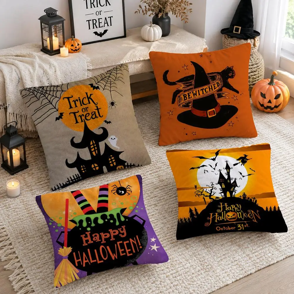 Scary Halloween Bat Pumpkin Cushion Cover Soft Short Plush Double-Sided Printing Sofa Home Decor Festival Pillow Case Gifts
