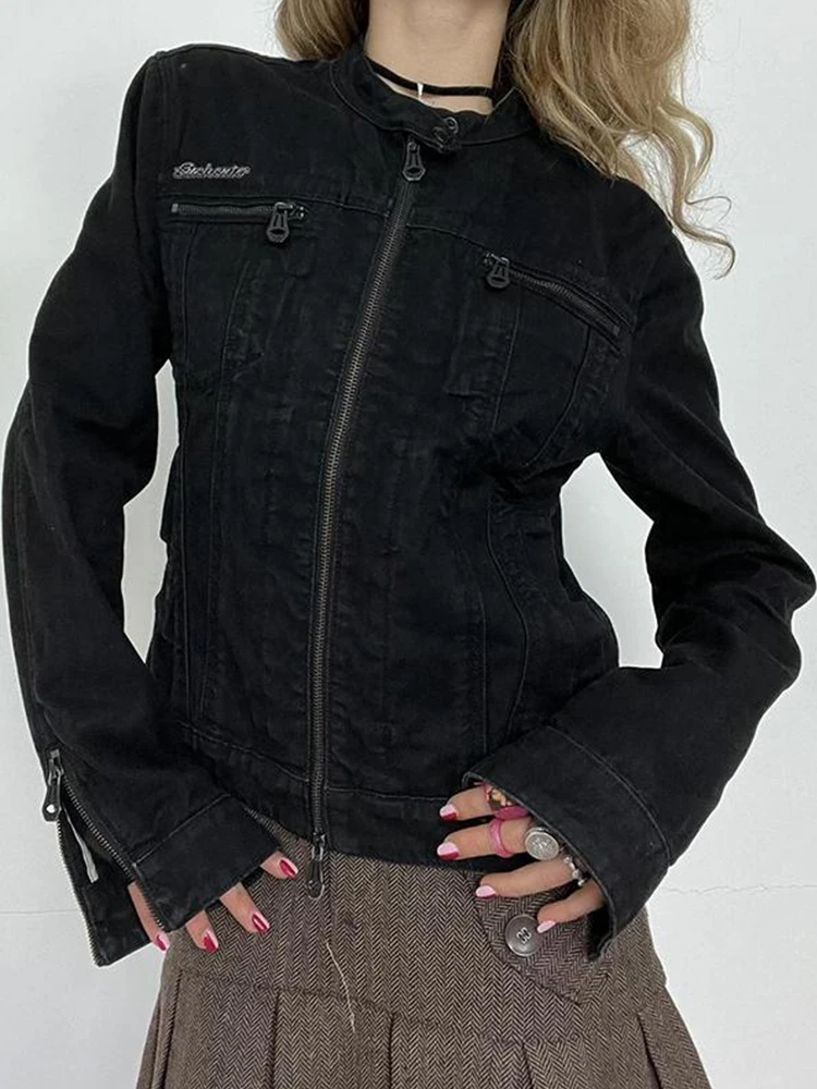 

2024 Осень Зима Женская Y2k 2000s Джинсовая куртка с длинным рукавом Корейское пальто на молнии Harajuku Tide Новая ковбойская верхняя одежда Гранж Томбой