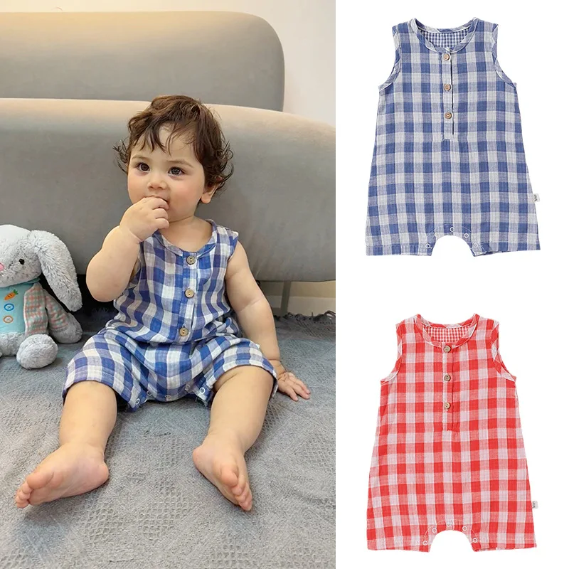 

Baby Climbing Suit 2024 Summer New Fashion Plaid Men And Women Baby Onesie Cotton Loose Package Butt Clothes Children's Clothing